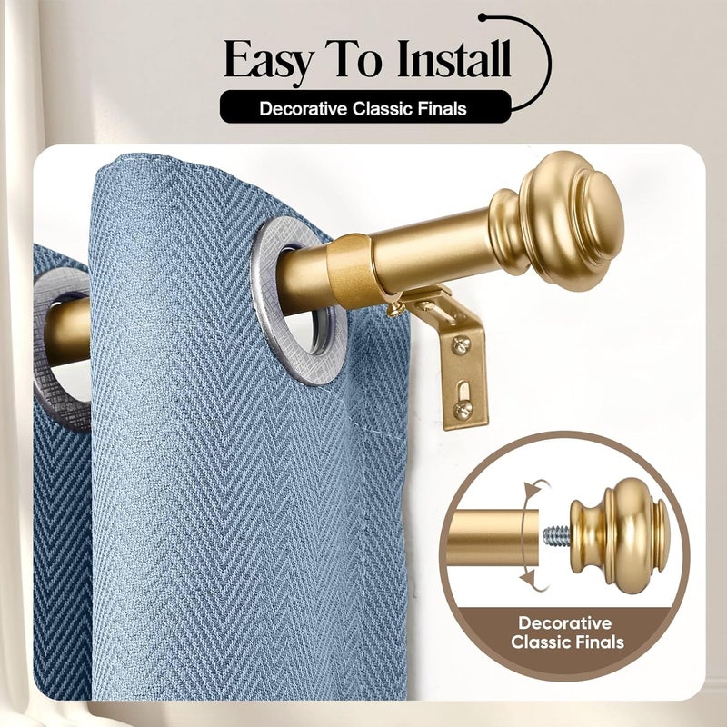 SIMEWIN Heavy Duty Curtain Rods for Windows 48 to 84 Inches, 1 Inch Gold Curtain Rod for Bedroom, Living Room, Patio, Kitchen, Adjustable Curtains Rods with Classic Finials, Gold Finishing - Image 2